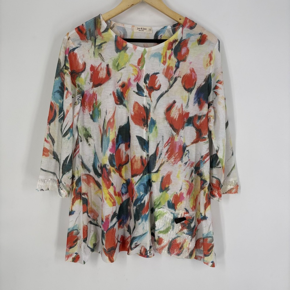 Jess & Jane Shirt Womens Medium Multicolor Floral 3/4 Sleeve Tunic Knit Top
